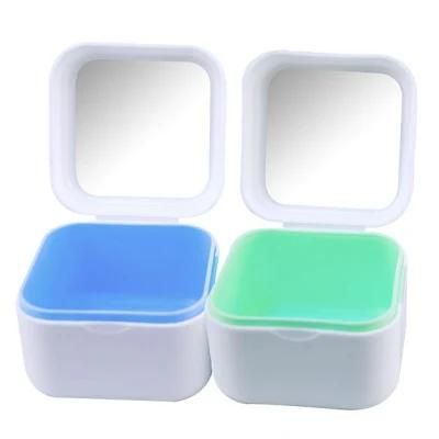 Square Shape Denture Box with Mirror Denture Cleaning Box with Hanging Net
